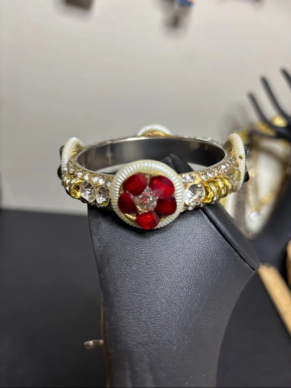 Indian Rhinestone Floral Gild Silver Tone Bangle Bracelet